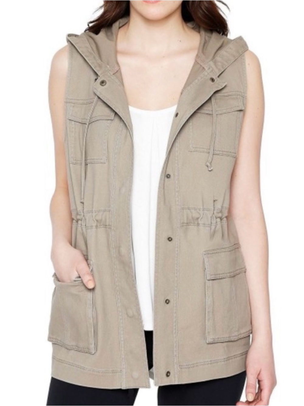 Matty M Hooded Sleeveless Utility Vest - Taupe